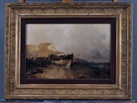 "Strandpartie mit Boot und Figurenstaffage", Gemälde, Öl auf Leinwand, ca. 35 x 57 cm, unten rechts