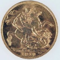 Britische "Sovereign" Goldmünze: Edwardus VII - 1910. Röntgengeprüft. Dm ca. 22 mm, ca. 8 gr. 916er
