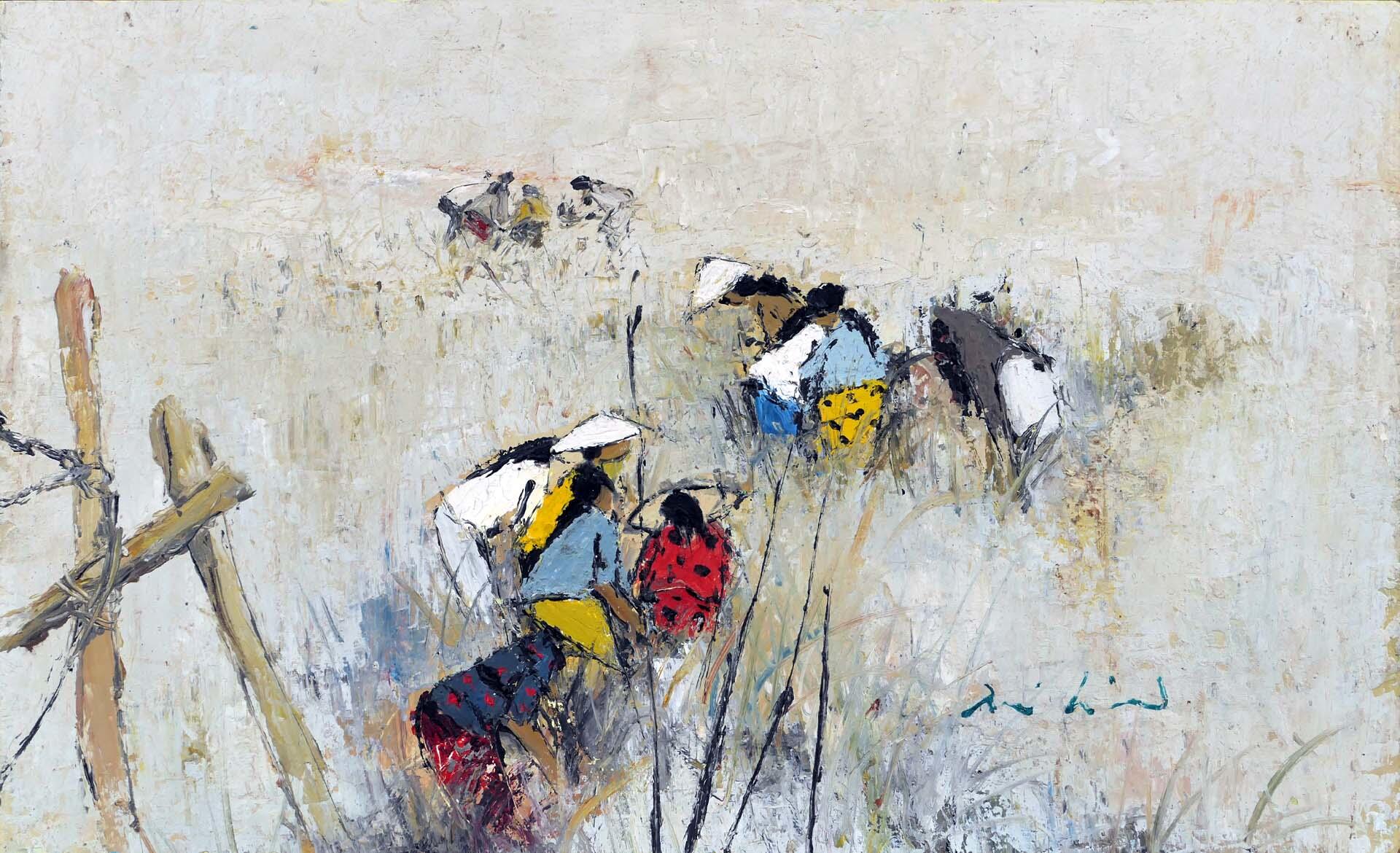 "Im Reisfeld" - impressionistische, wohl asiatische Malerei, Öl / Acryl auf Holzfaser, ca. 37 x 61 - Image 3 of 4
