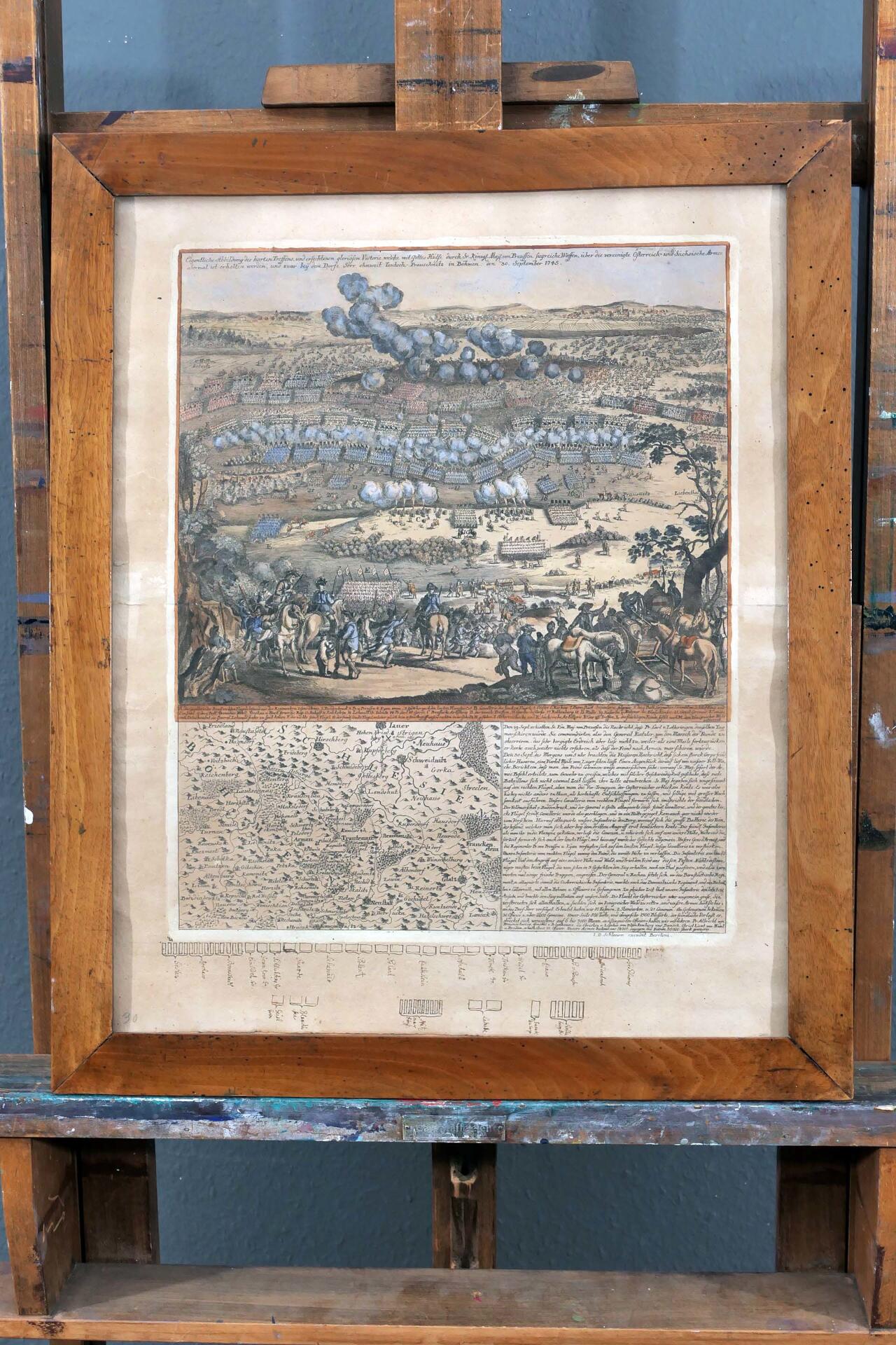 Die "Schlacht bei Soor 1745" - aufwändig von Hand kolorierter Kupferstich des Johann David Schleuen