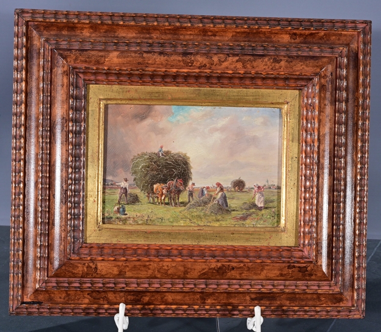 "Heuernte" - kleinformatiges Gemälde, Öl auf Holztafel, ca. 11 x ca. 16,5 cm, unten rechts signiert