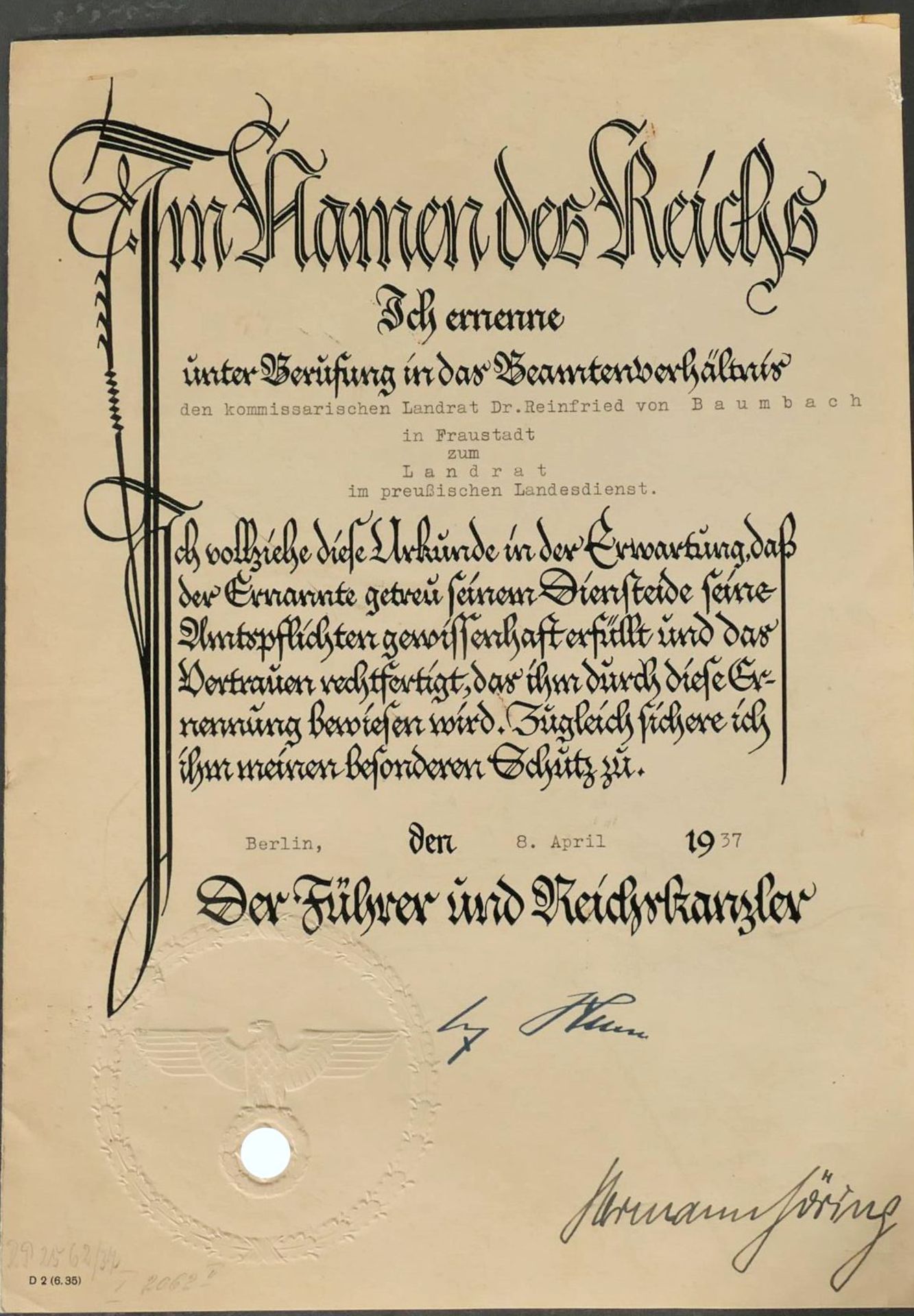 3 teiliger militärischer Urkundennachlass des Dr. Reinfried von Baumbach bestehend aus: "Ernennung  - Bild 2 aus 9
