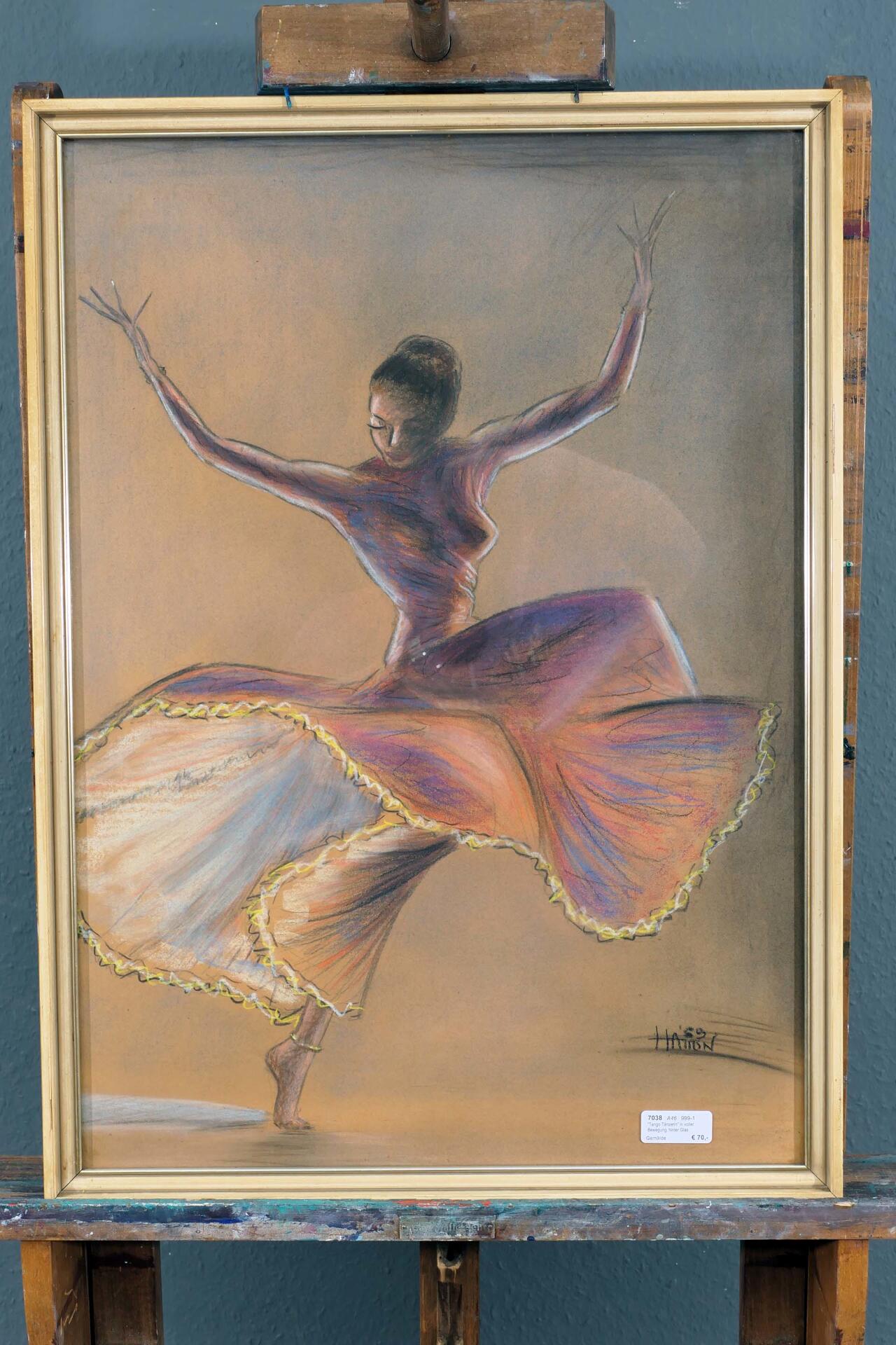 "Tango Tänzerin" in voller Bewegung. hinter Glas gerahmte, partiell mit Deckweiß gehöhte Kreidezeic - Image 4 of 5