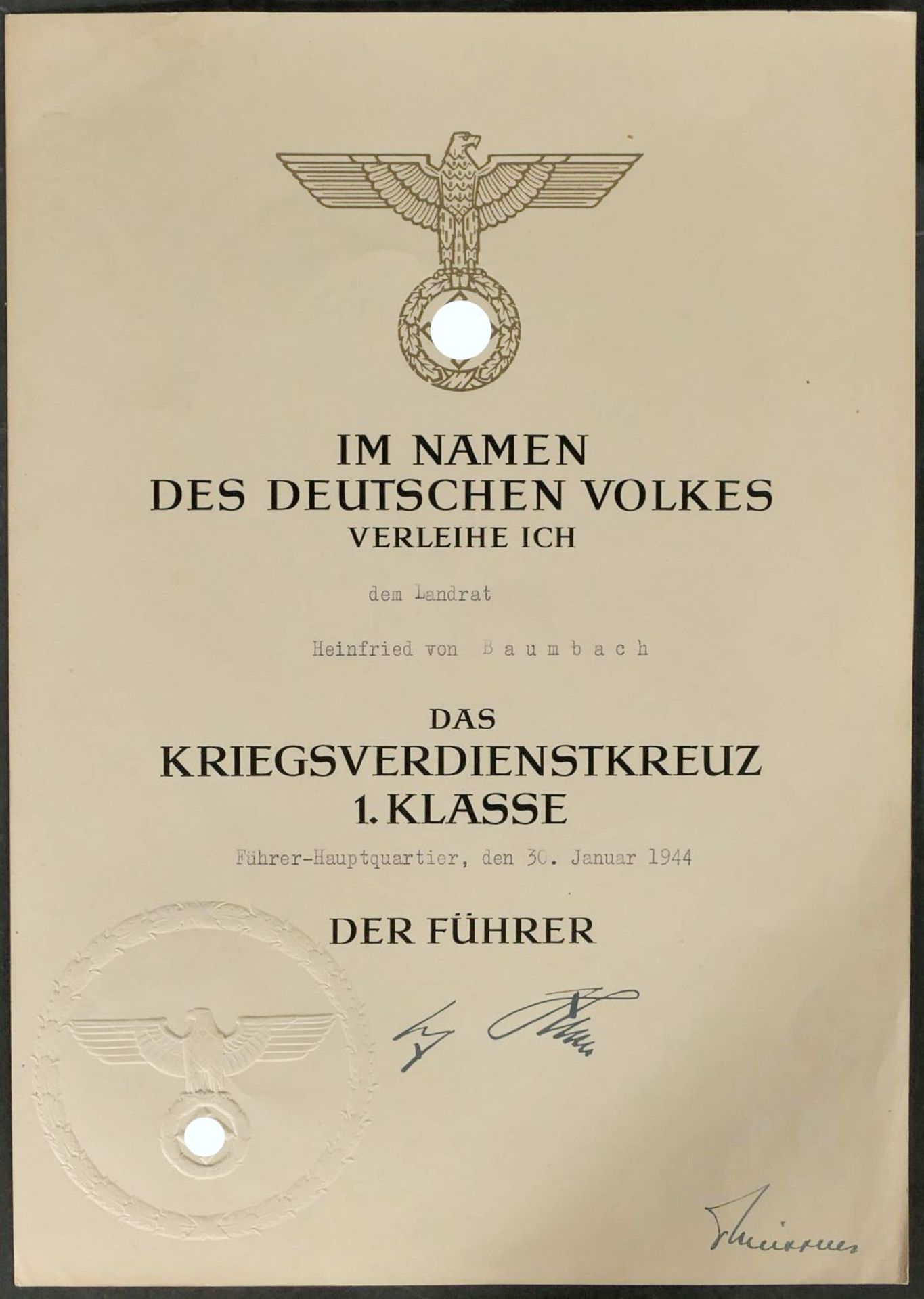 3 teiliger militärischer Urkundennachlass des Dr. Reinfried von Baumbach bestehend aus: "Ernennung  - Bild 5 aus 9
