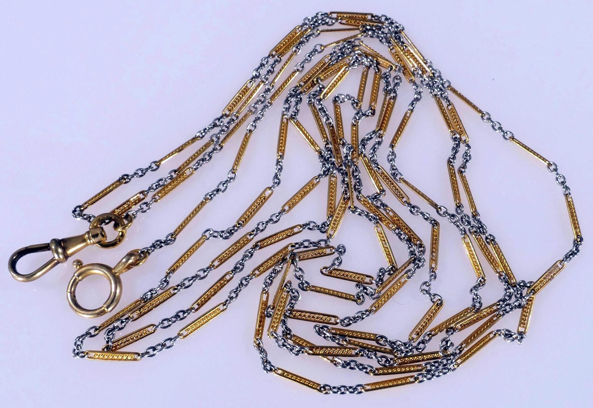 Sehr lange, zarte Bicolor Gliederkette / Halskette mit Karabinerverschluss, 14k Gelb- & Weißgold, L