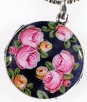 Silberne Halskette mit emailliertem Medaillon-Kettenanhänger, vorderseitig mit "Rosenblüten"-Dekor,