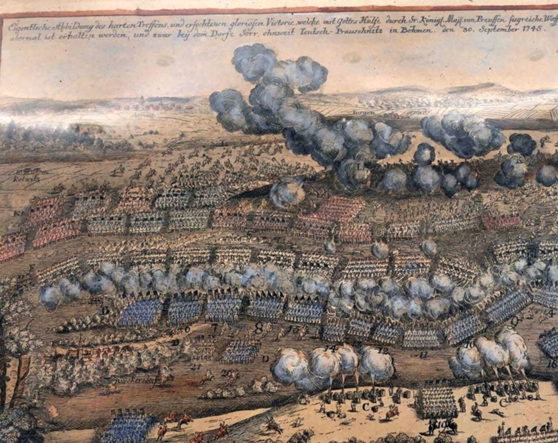 Die "Schlacht bei Soor 1745" - aufwändig von Hand kolorierter Kupferstich des Johann David Schleuen - Bild 4 aus 4