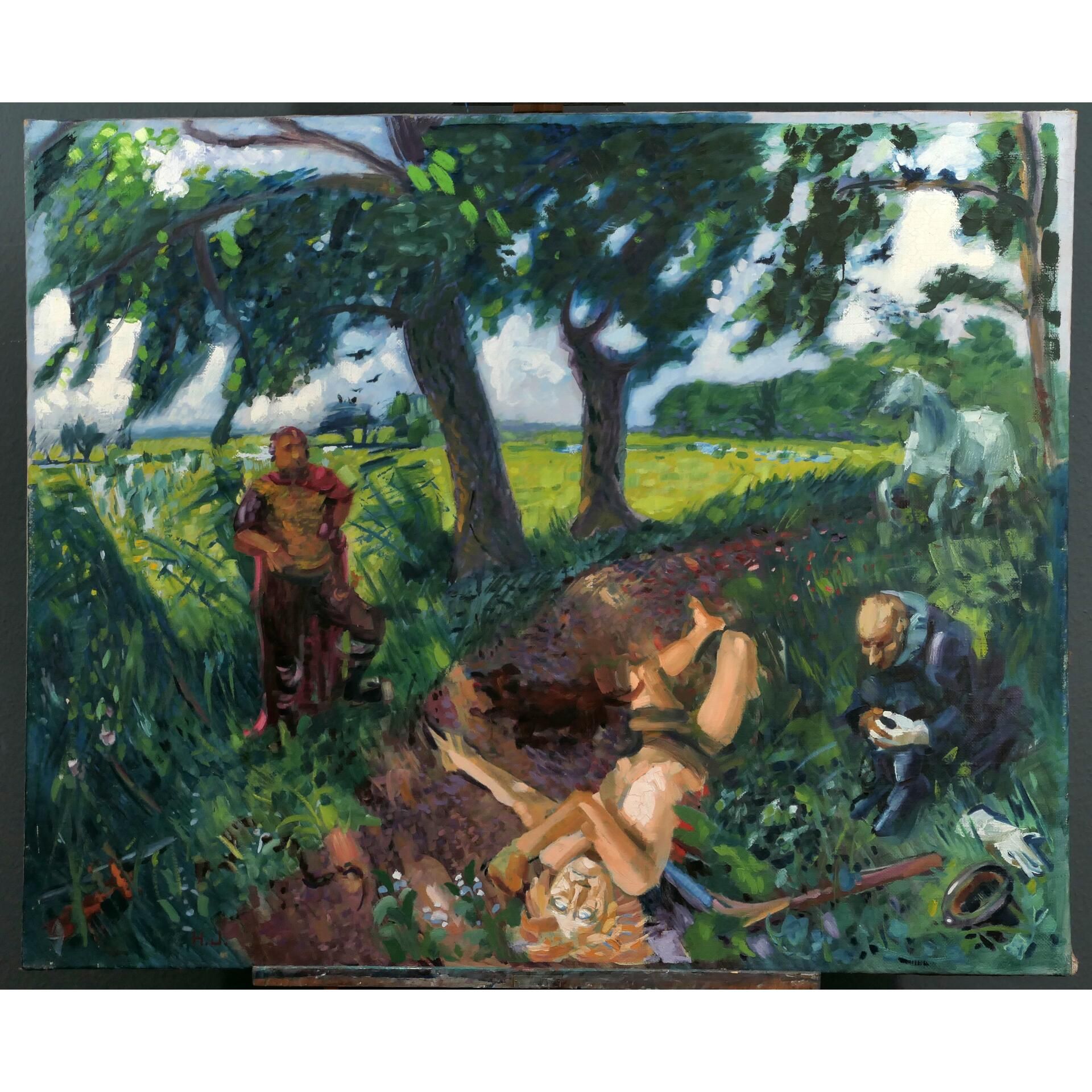 "Tod des Siegfried" - aus dem Zyklus der Siegfried - Sage, großformatiges Gemälde, Öl auf Leinwand, - Bild 3 aus 6