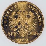 4 Florin - Goldmünze - Kaiser Franz Joseph von Österreich - 1892 - Dm ca. 19 mm - 900er Gold. ca. 3