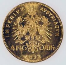 4 Florin - Goldmünze - Kaiser Franz Joseph von Österreich - 1892 - Dm ca. 19 mm - 900er Gold. ca. 3