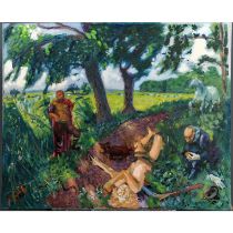 "Tod des Siegfried" - aus dem Zyklus der Siegfried - Sage, großformatiges Gemälde, Öl auf Leinwand,