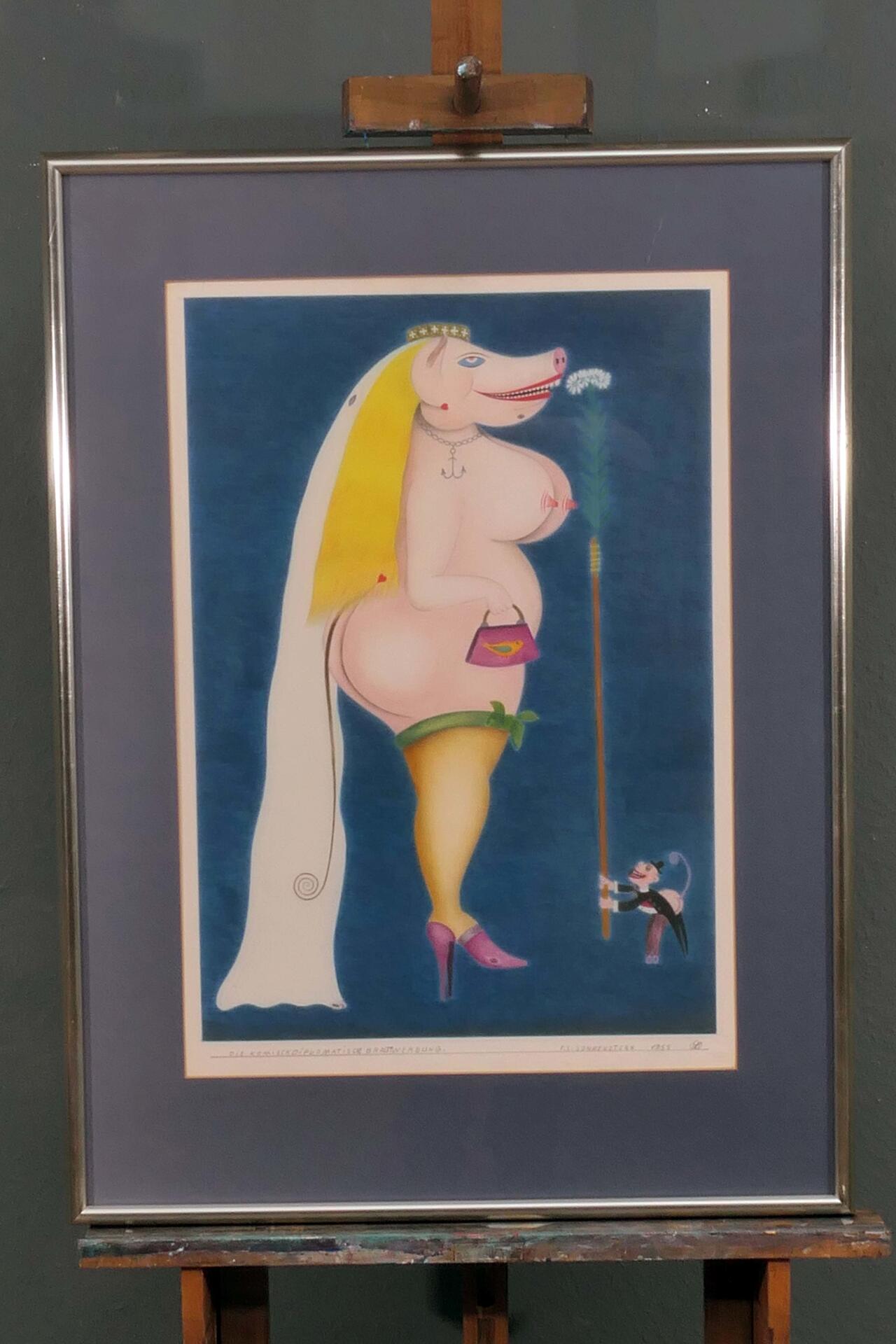 "Die komisch diplomatische Brautwerbung" hinter Glas gerahmte, originale Farbstiftzeichnung auf "Sc - Image 8 of 15