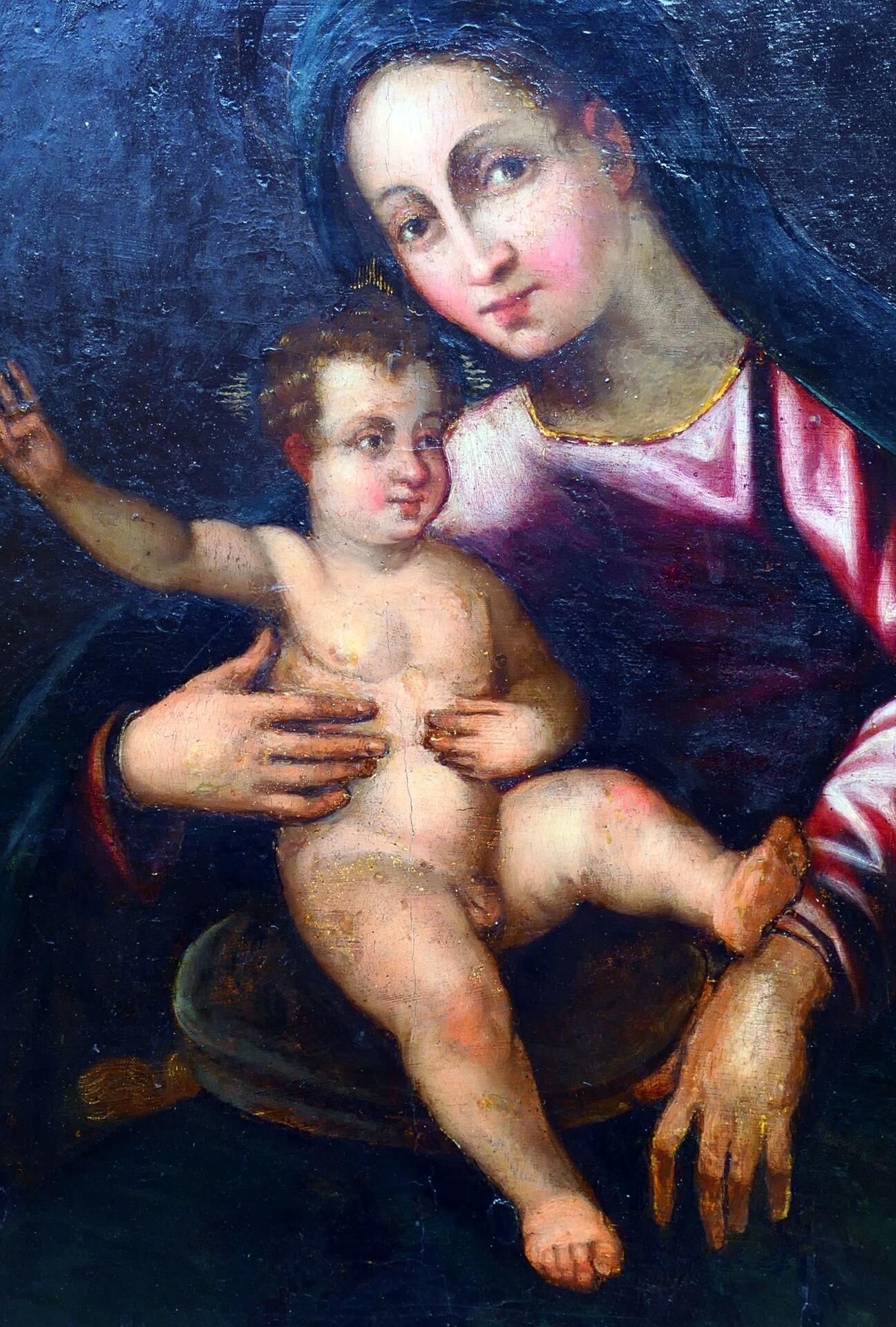 "Madonna mit dem Jesusknaben" - Gemälde, Öl auf Nadelholztafel, ca. 47 x 36,5 cm, süddeutsch / alpe - Bild 15 aus 17