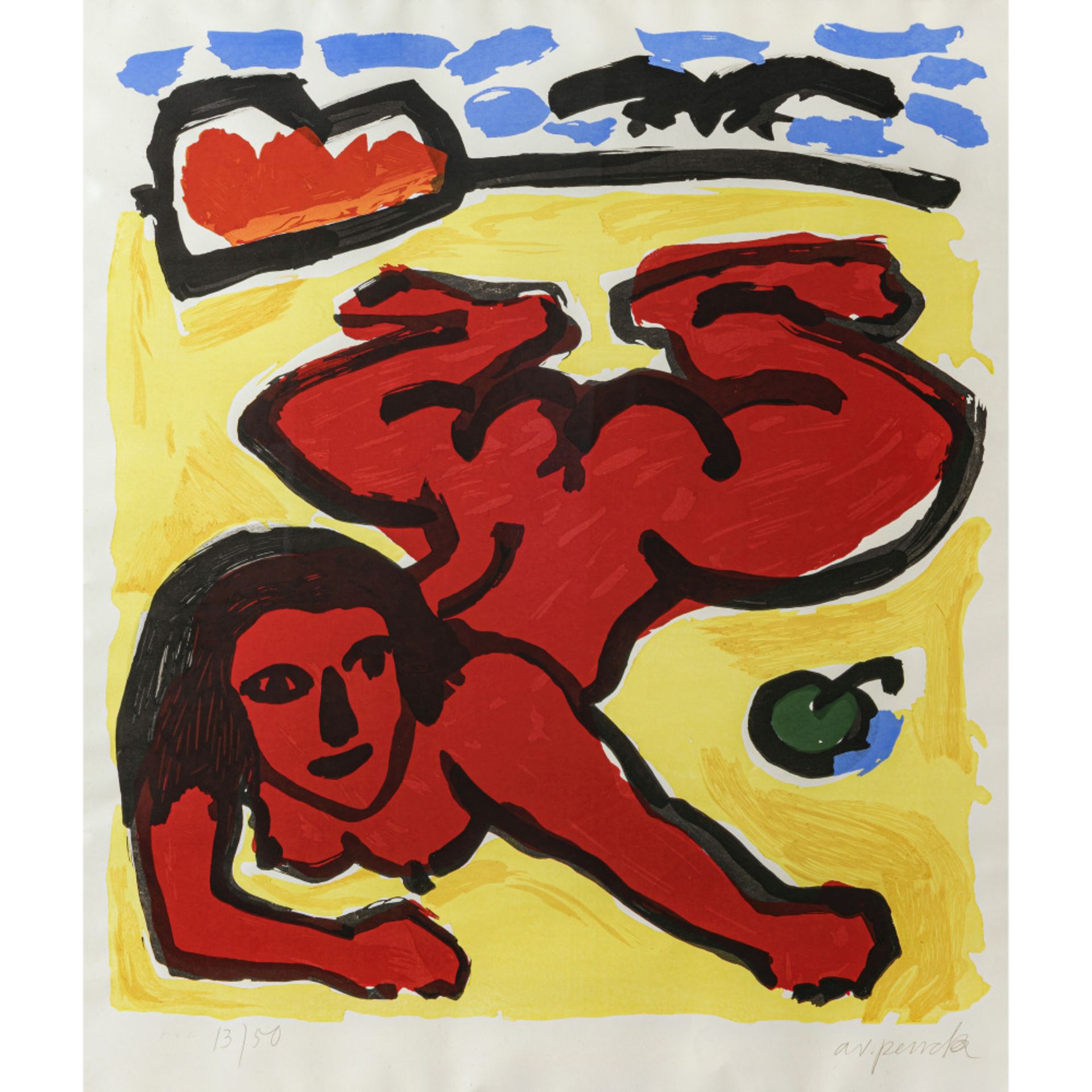 A.R. Penck - Lying woman in red