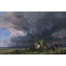 Heinrich Bürkel - Hay harvest with approaching thunderstorm