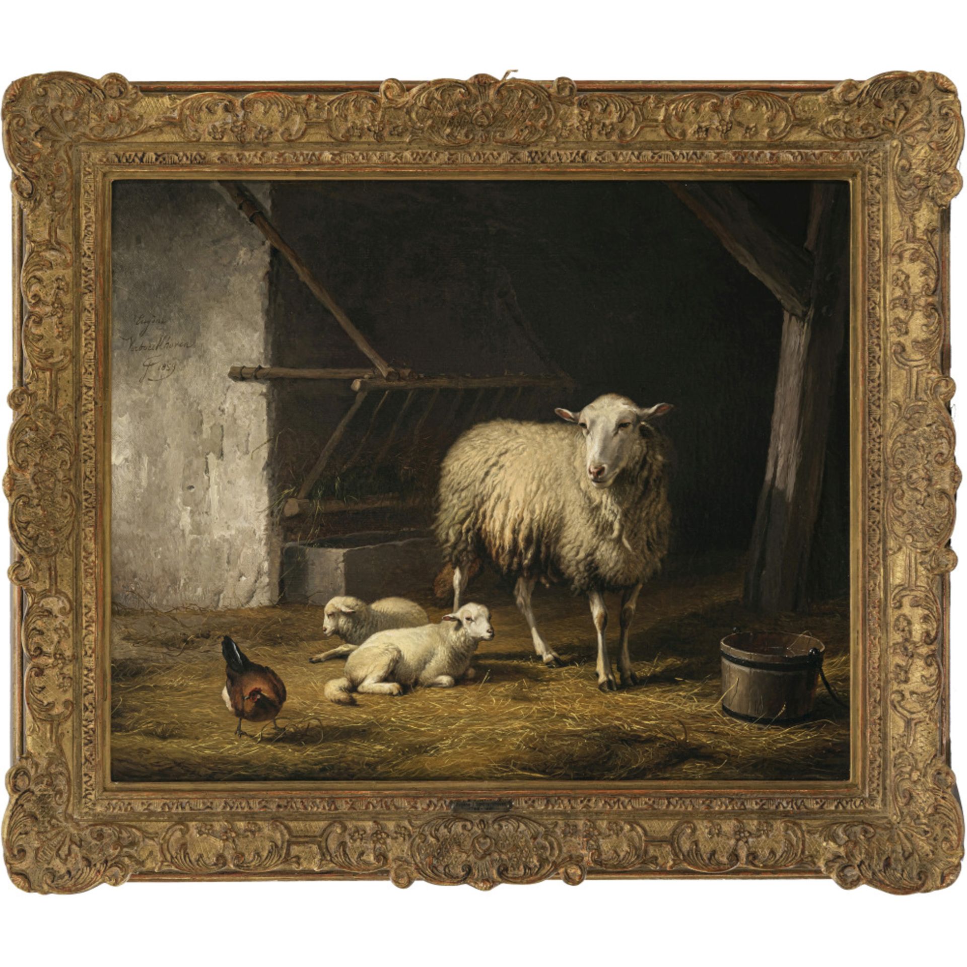 Eugène Verboeckhoven - Sheep and a chicken in a stable - Image 2 of 2