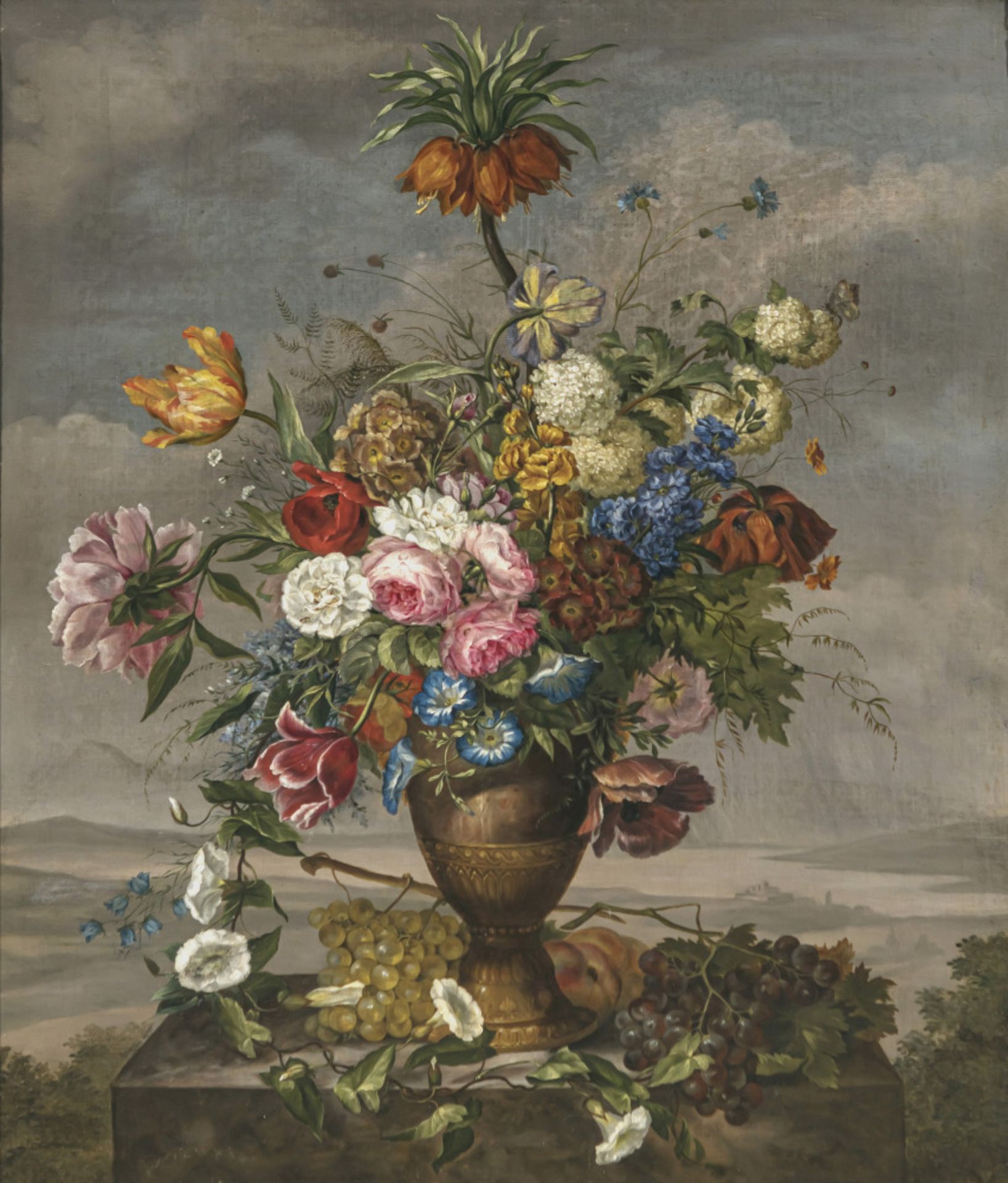 Österreich (?) 1st half of the 19th century - Still life with flowers and fruit in front of a landsc