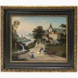 A clock painting depicting a Biedermeier society on an excursion on the edge of the village - Vienna