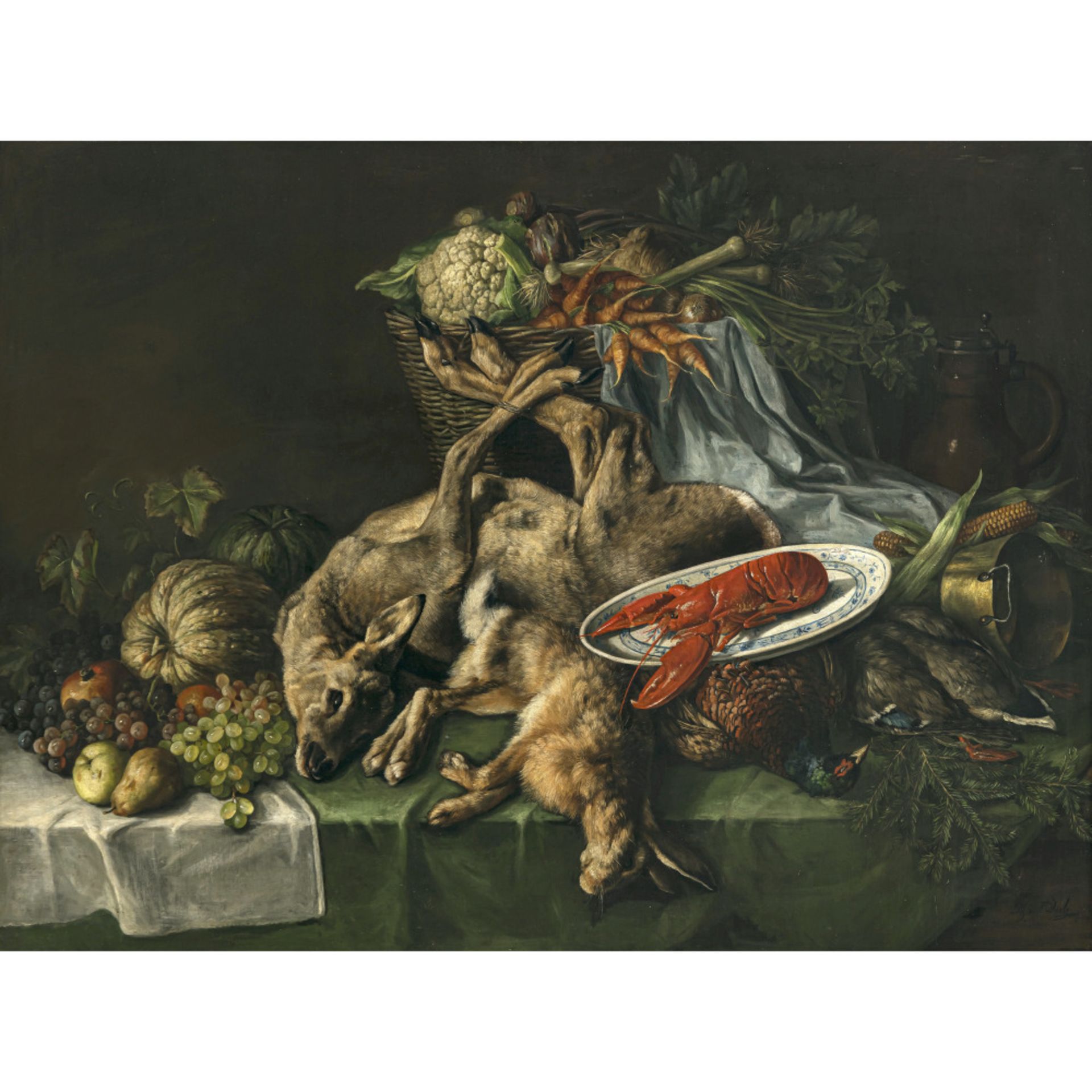 Friedrich van den Daele - Kitchen still life with lobster, hunted game and fruit