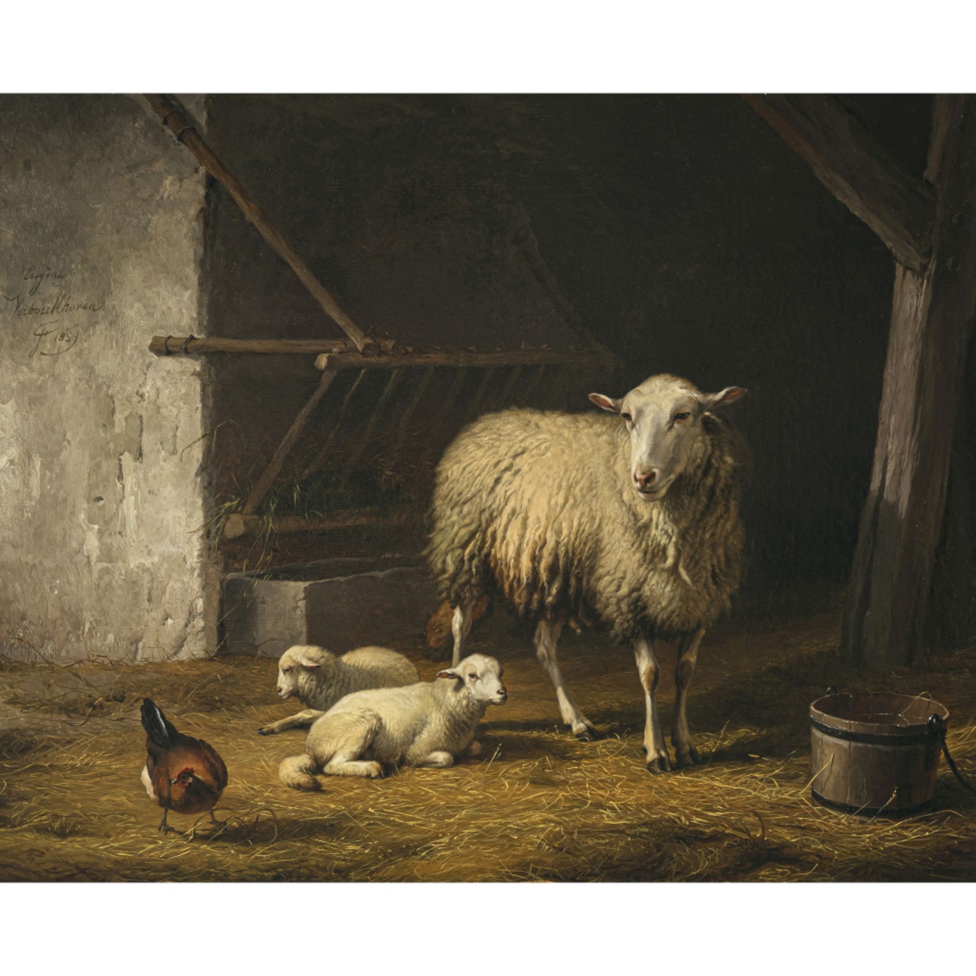Eugène Verboeckhoven - Sheep and a chicken in a stable