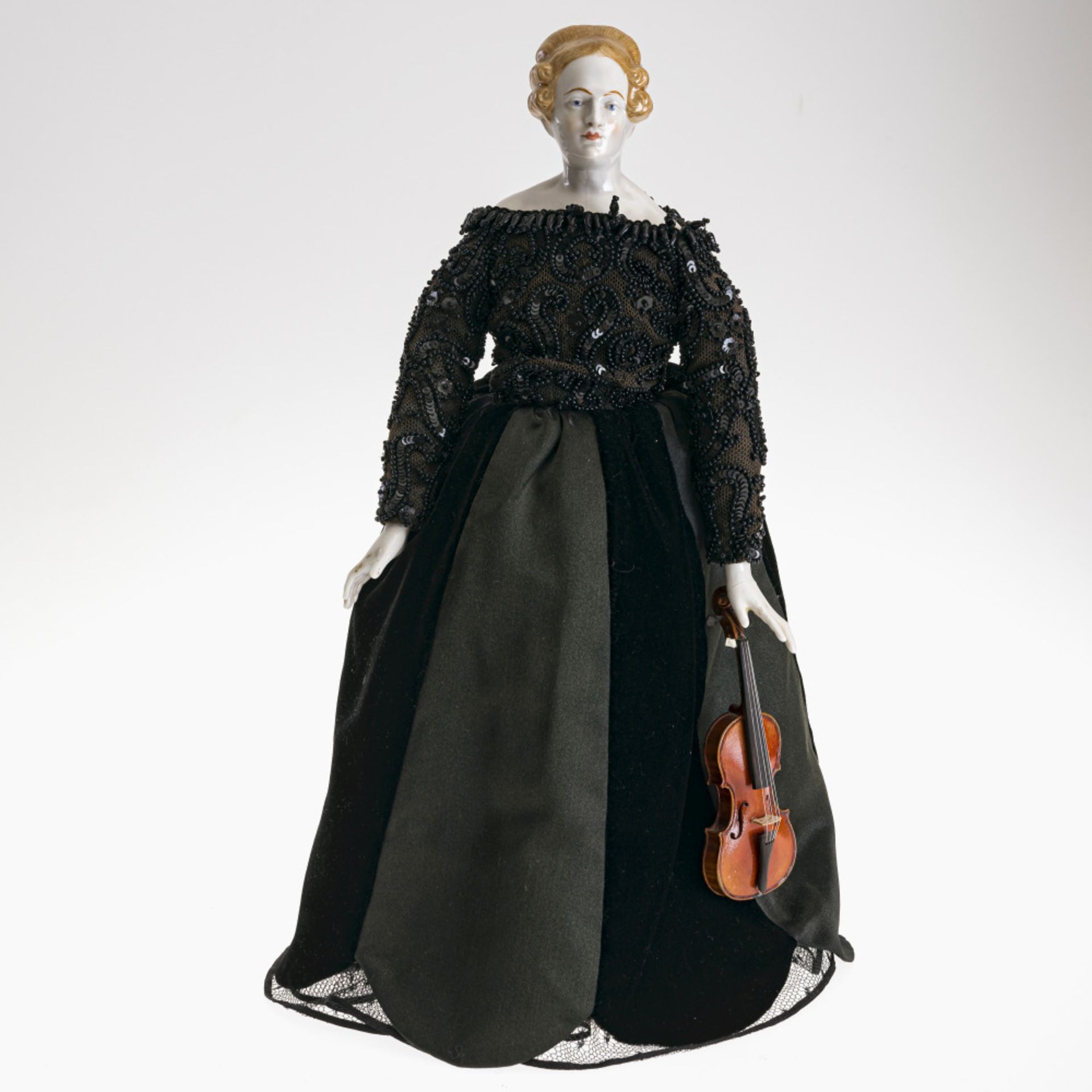 A doll (violinist) in ESCADA dress - Head, arms and legs from Nymphenburg, as of 1997. Later formati - Image 3 of 3