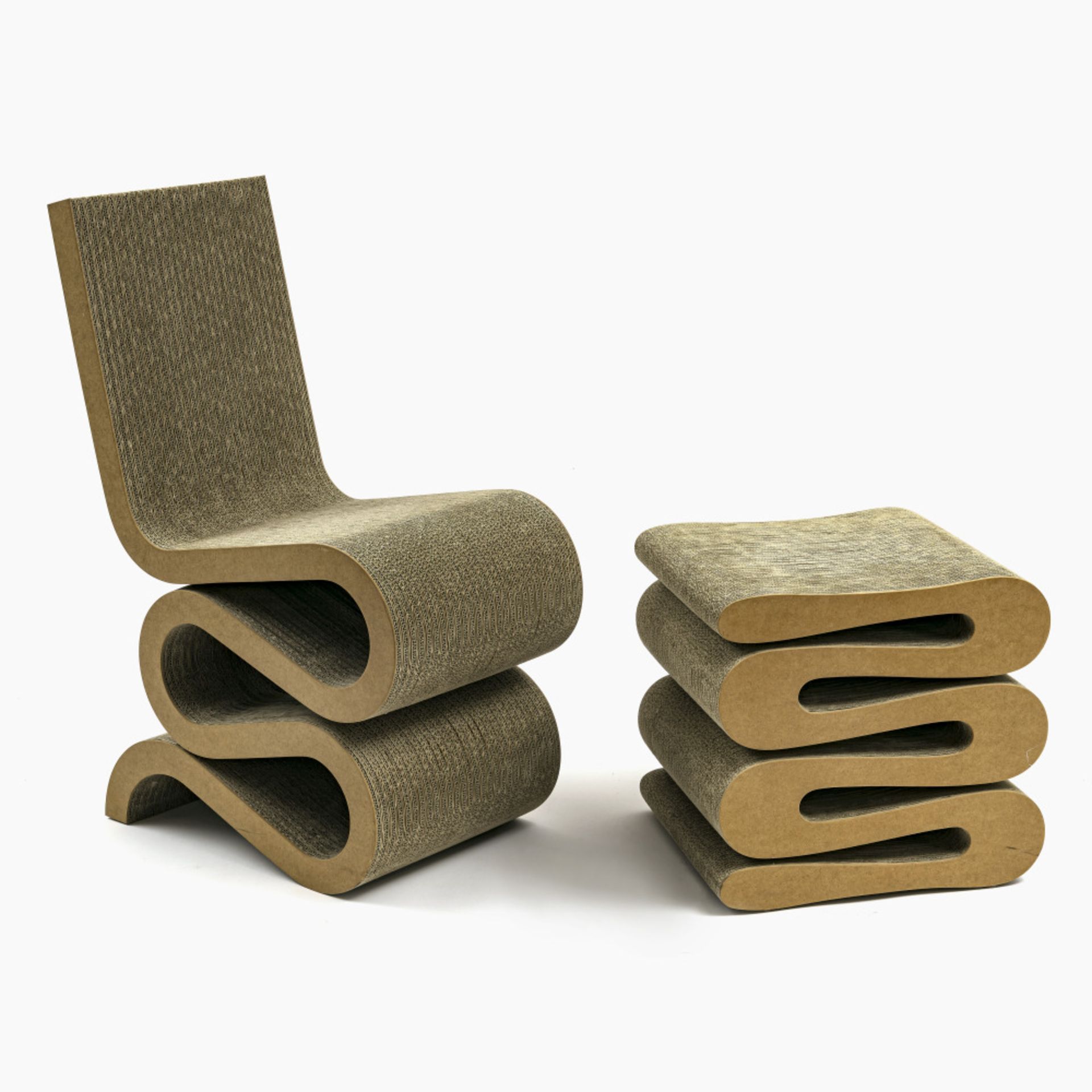 "Wiggle-chair" und "wiggle-Hocker" - Frank O. Gehry für Vitra, aus der Serie "Easy Edges"