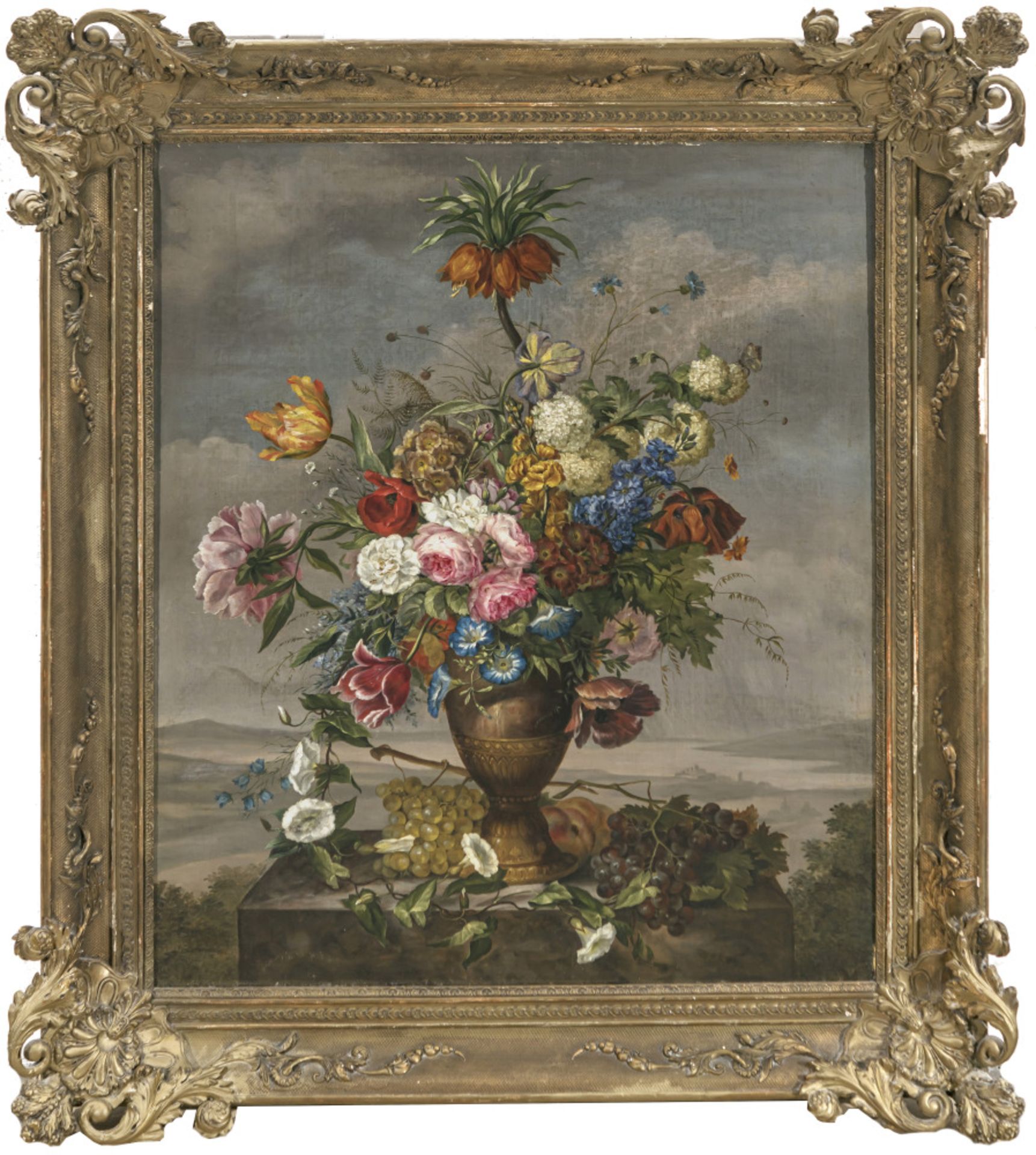 Österreich (?) 1st half of the 19th century - Still life with flowers and fruit in front of a landsc - Image 2 of 2