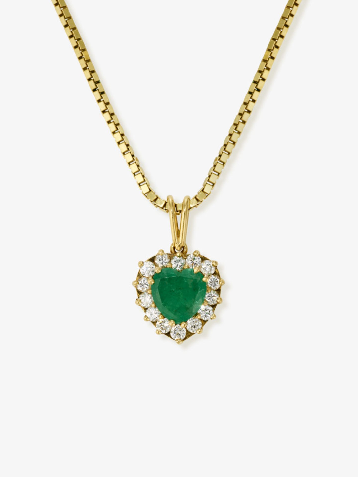 An emerald and brilliant-cut diamond pendant with a fine Venetian necklace