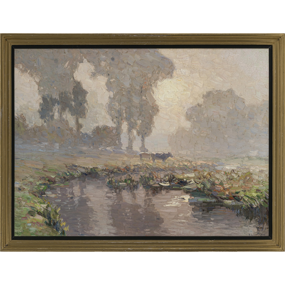 August Lüdecke-Cleve - River landscape with cows