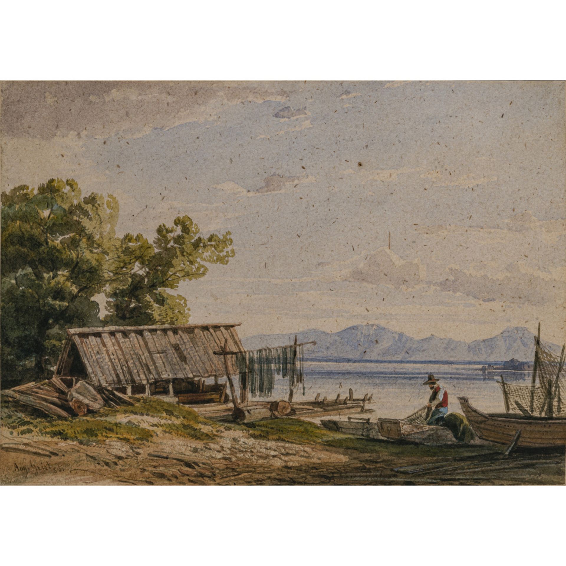 August Christian Geist - Fisherman on the banks of Lake Chiemsee