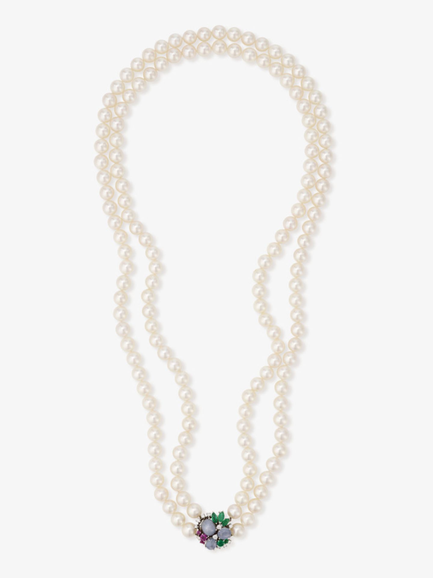 A two-strand Akoya cultured pearl necklace, clasp with fine star sapphires, brilliant-cut diamonds a - Image 2 of 2