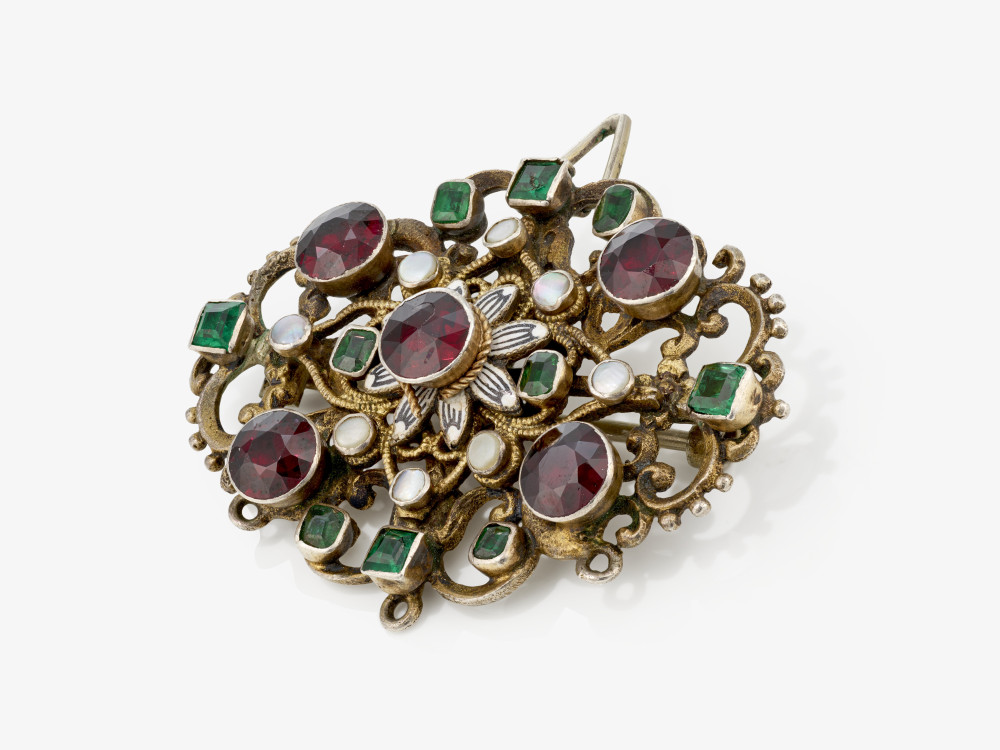 A brooch/pendant with red and green glass stones, mother-of-pearl and enamel - Austria, circa 1870 - Image 2 of 2