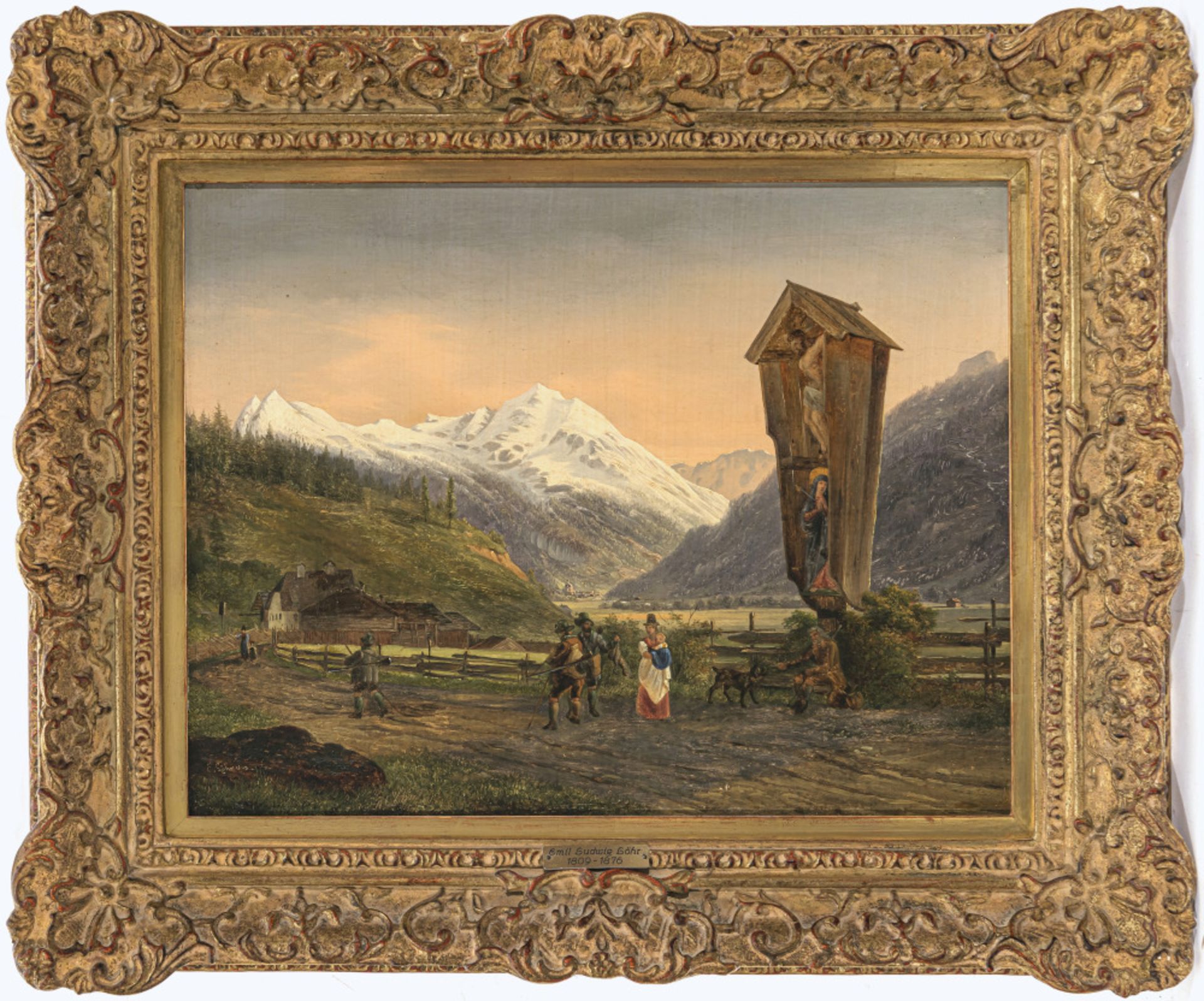 Emil Ludwig Löhr - Gebirgslandschaft mit Marterl und Figurenstaffage - Bild 2 aus 4