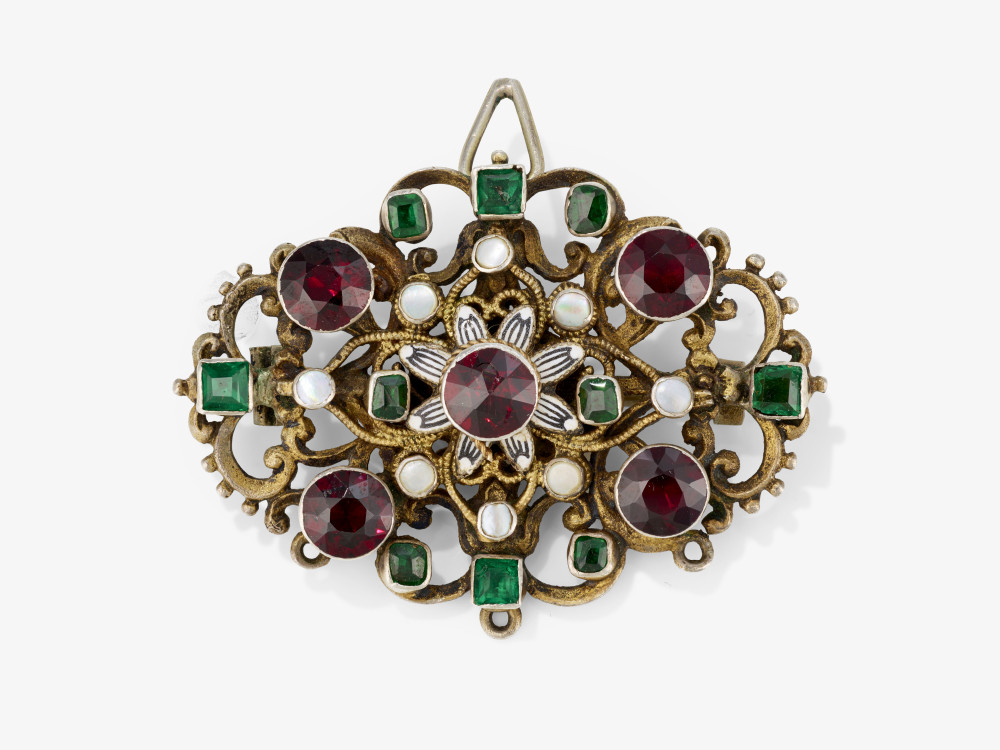 A brooch/pendant with red and green glass stones, mother-of-pearl and enamel - Austria, circa 1870