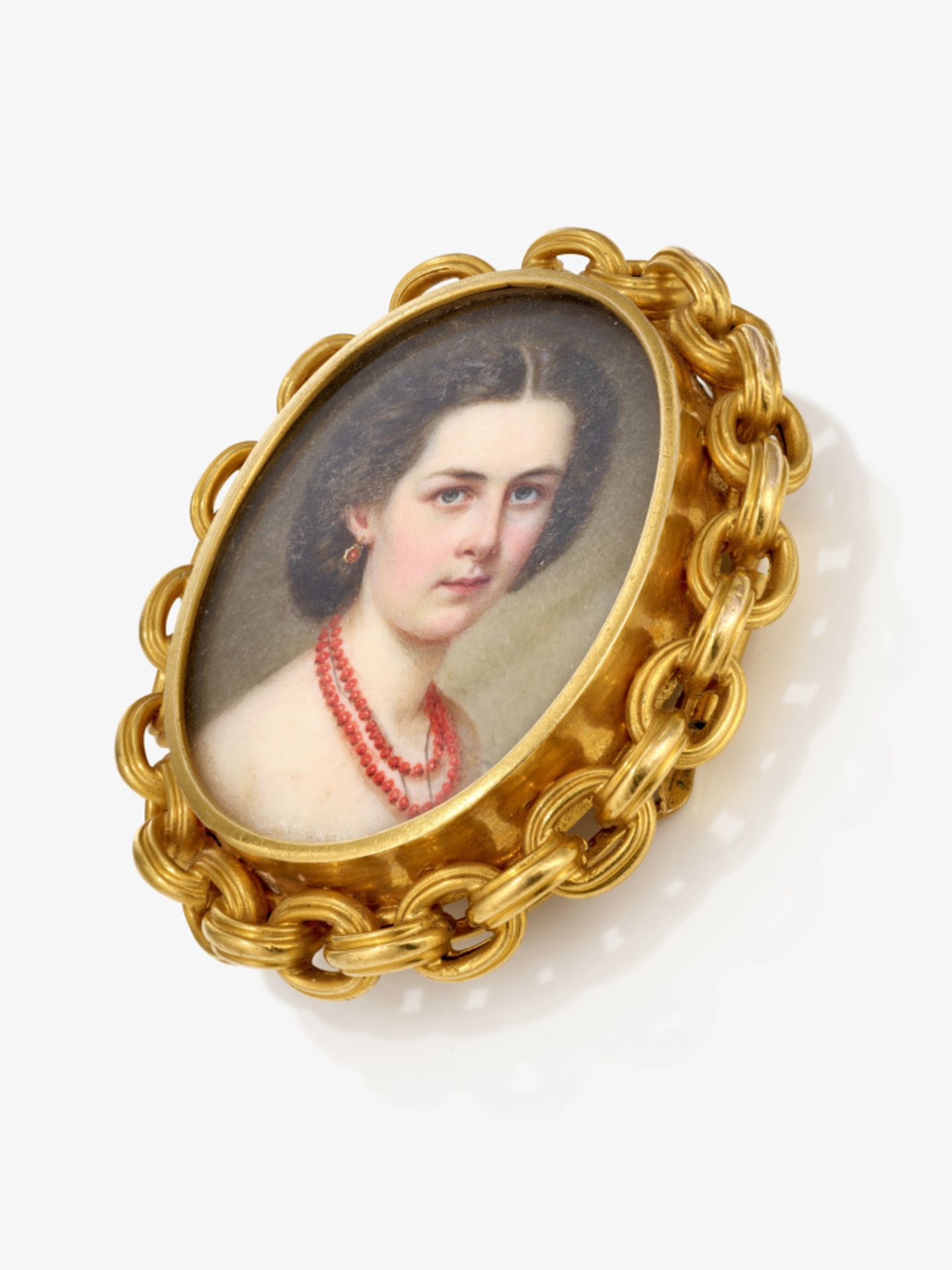 A necklace clasp with a portrait miniature of a young lady with coral jewellery - Germany, dated "Ju - Image 2 of 2