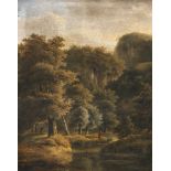 Niederlande (?) 18. Jh. - Waldlandschaft mit Angler und Bäuerin