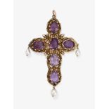 A cross pendant with amethysts and cultured pearls - Probably Germany or Austria, circa 1840