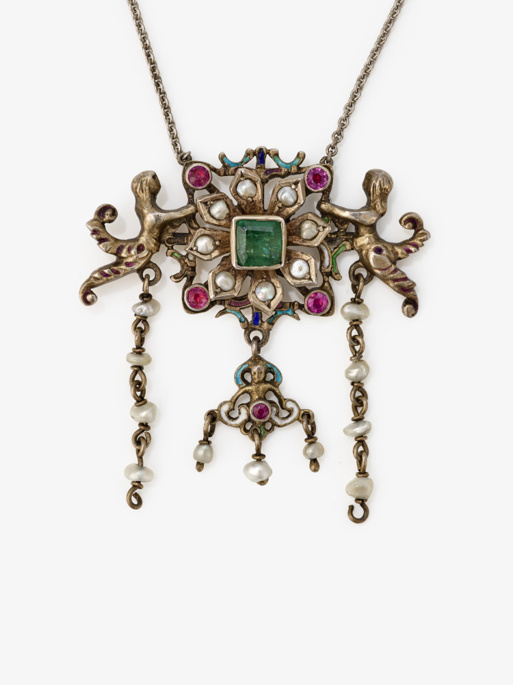 A necklace with emerald, rubies, river pearls and enamel - probably Austria, circa 1880-1890