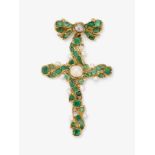 Cross pendant with emeralds and river pearls - Austria, circa 1870
