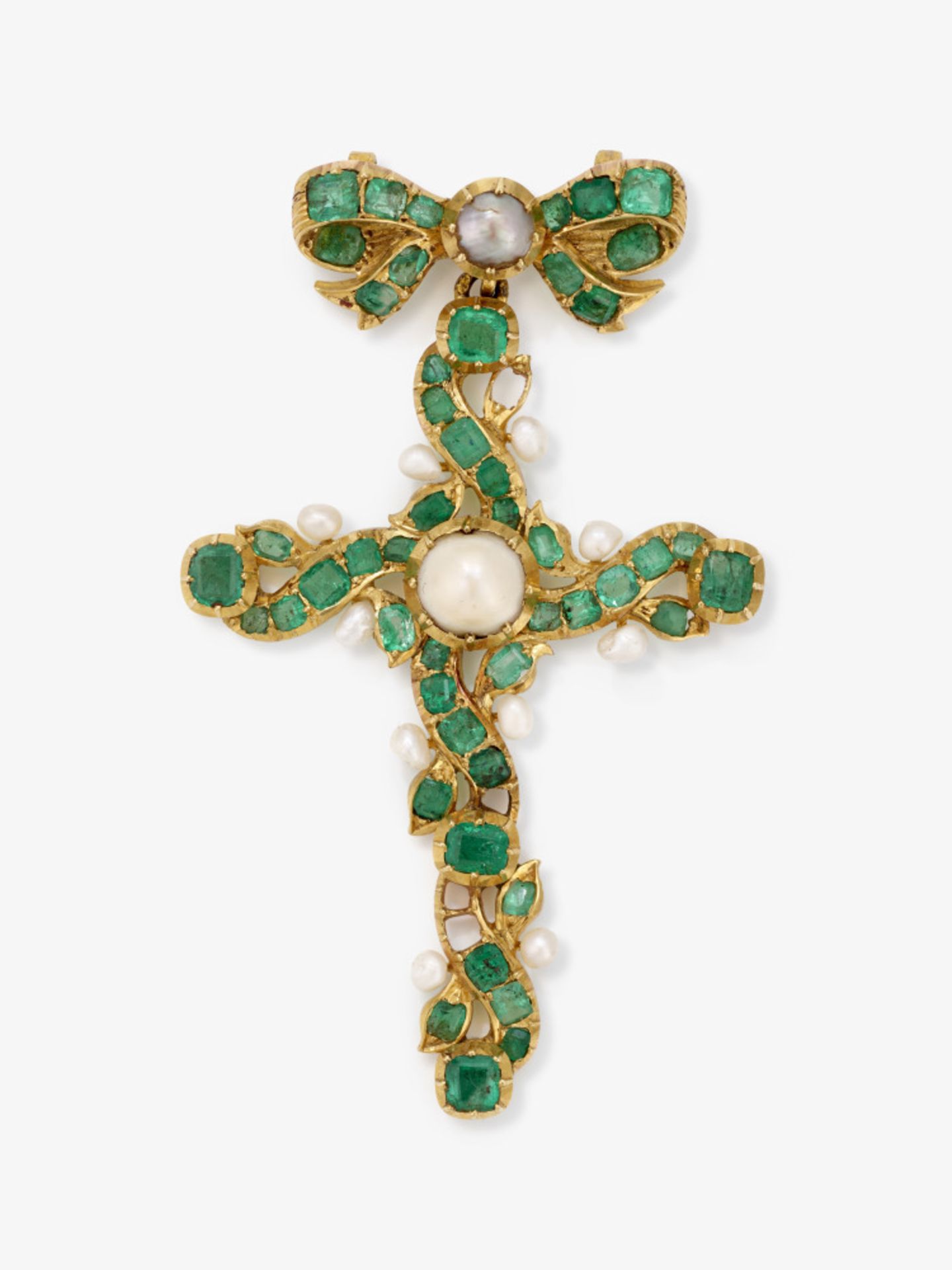 Cross pendant with emeralds and river pearls - Austria, circa 1870