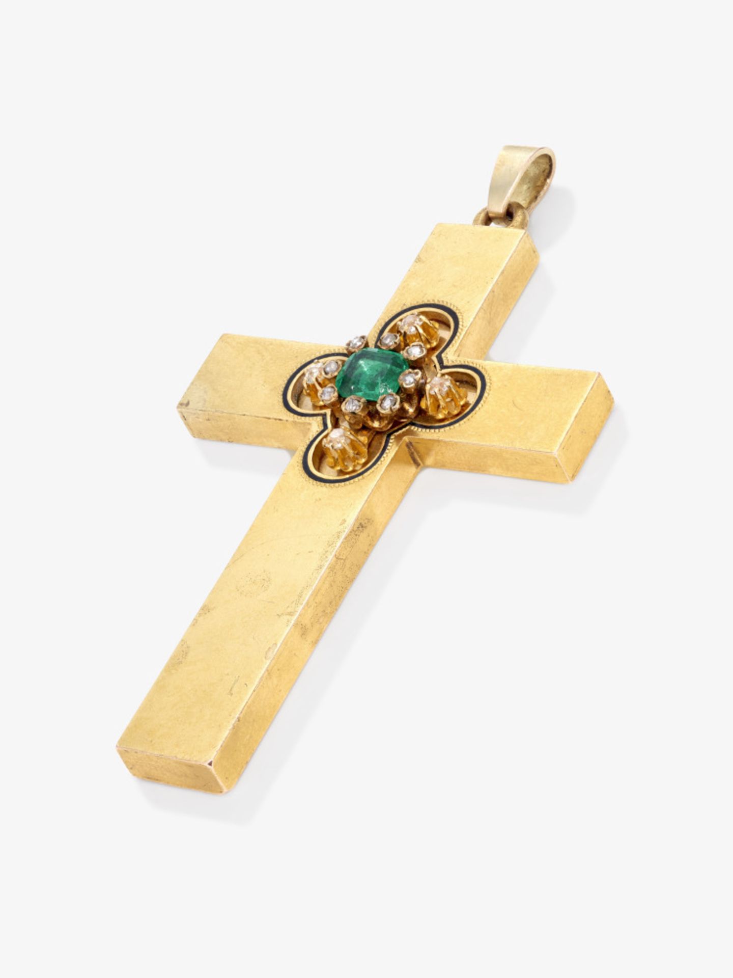 A cross pendant with a very beautiful emerald and diamonds - Probably France, circa 1870 - Image 2 of 2