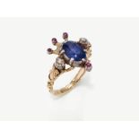 A ring with a sapphire, diamonds and rubies - Probably France, circa 1750-1770