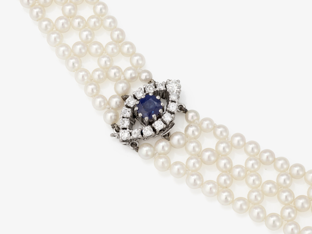A cultured pearl necklace with sapphire and diamond clasp - Germany, 1950s-1960s