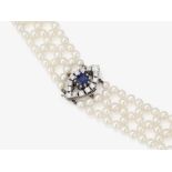 A cultured pearl necklace with sapphire and diamond clasp - Germany, 1950s-1960s