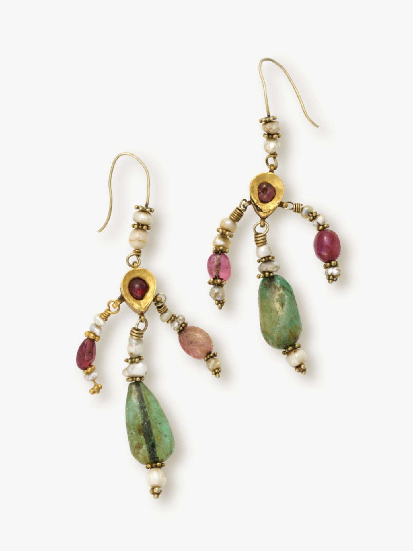 A pair of drop earrings with pearls, emeralds and a ruby