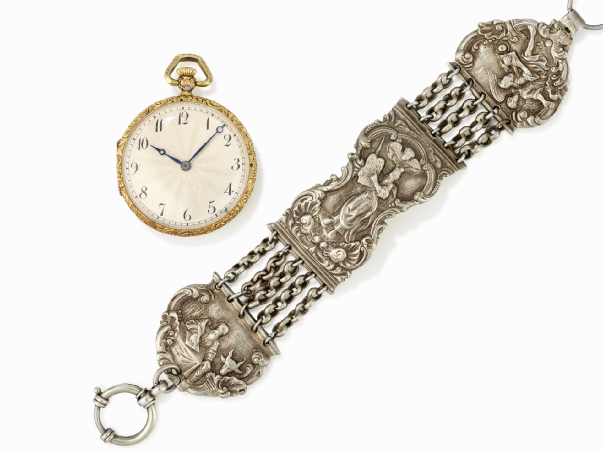 Taschenuhr mit floralem Emaildekor und Chatelaine - Taschenuhr: um 1840, Chatelaine: dat. 1783