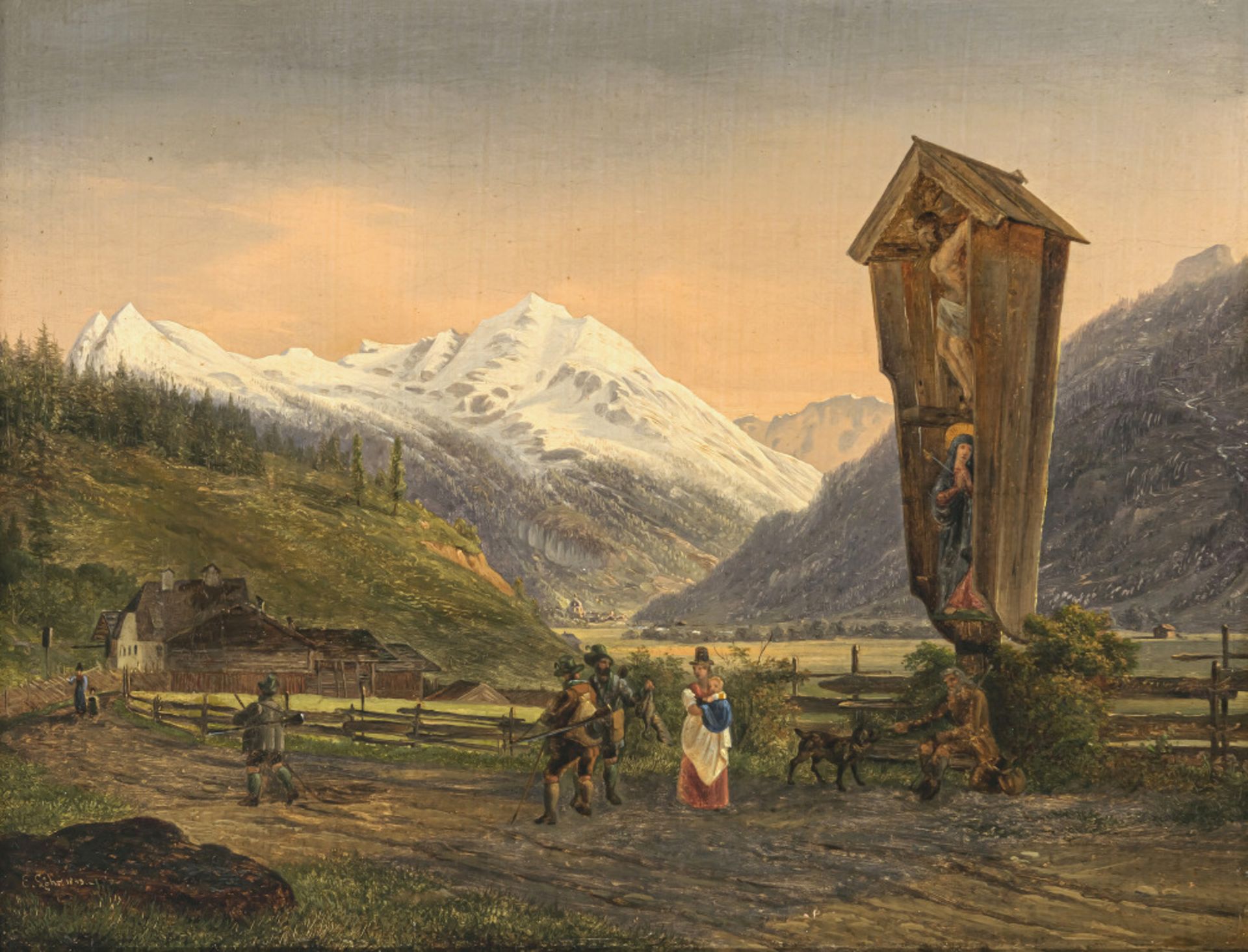 Emil Ludwig Löhr - Gebirgslandschaft mit Marterl und Figurenstaffage