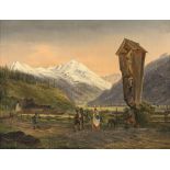 Emil Ludwig Löhr - Mountain landscape with a wayside cross and figures