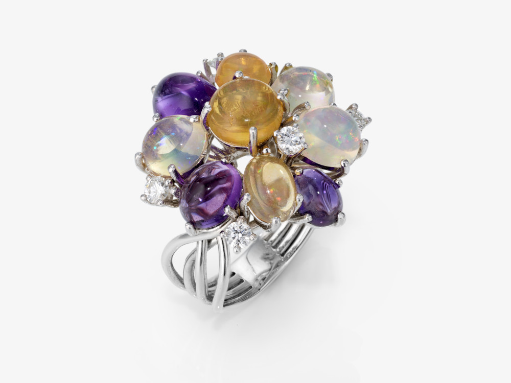 A ring with crystal opals, amethysts and brilliant-cut diamonds