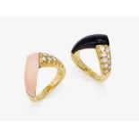 Two rings with brilliant-cut diamonds, angel skin coral and onyx - Paris, dated 1976, VAN CLEEF & AR